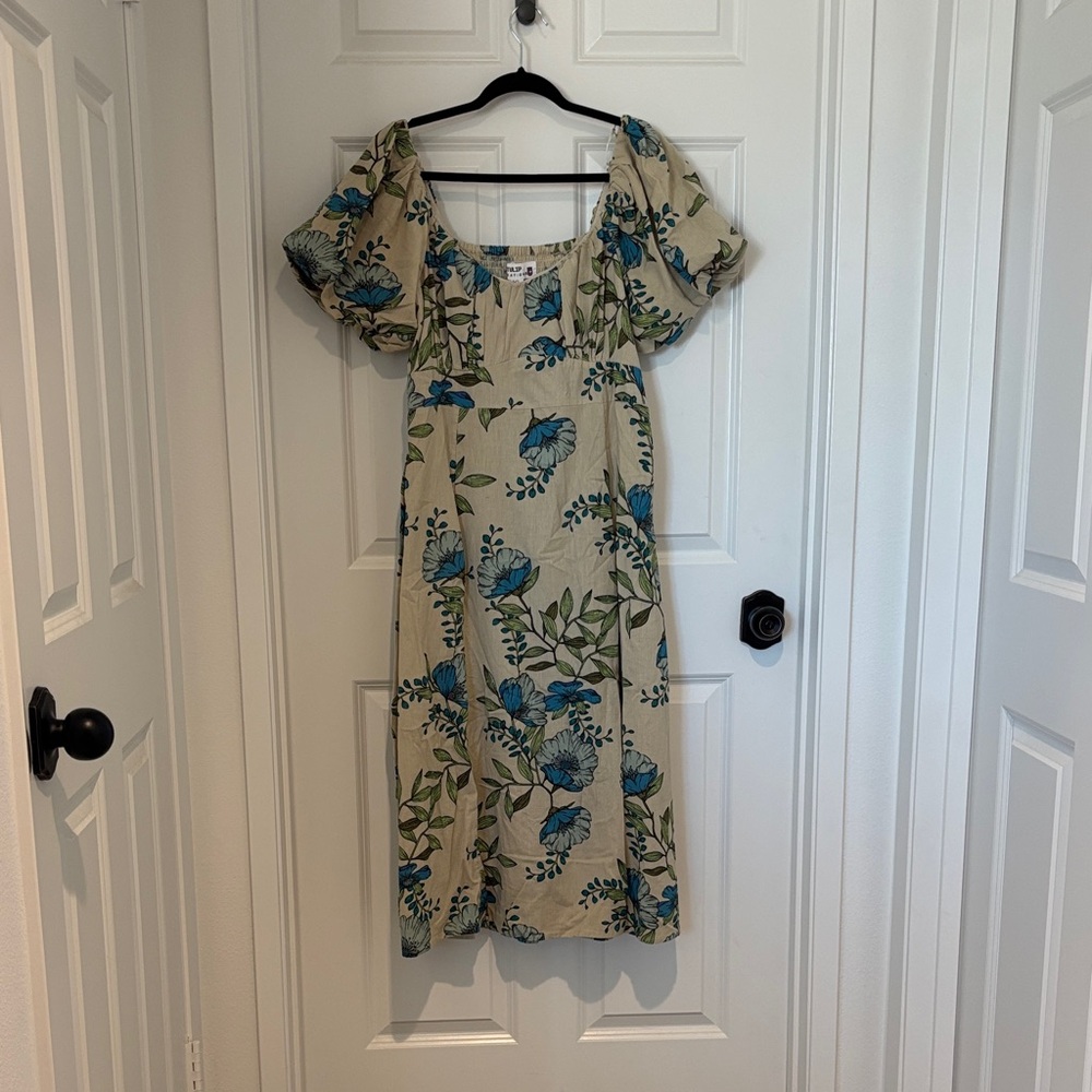 Blue Floral Midi Dress with Puff Sleeves